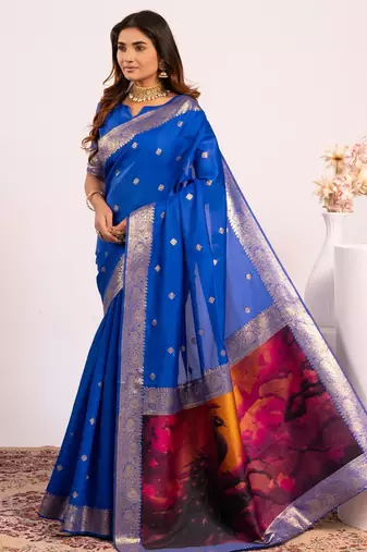 Women royal blue Art silk handloom saree