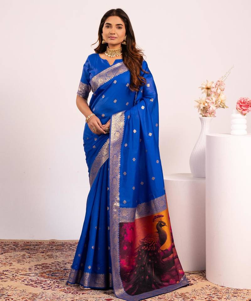 Women royal blue Art silk handloom saree