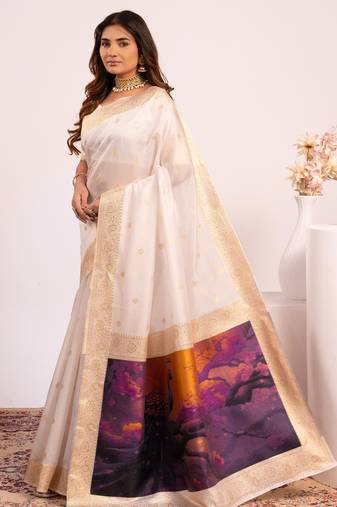 Women white Art silk handloom saree