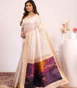 Women white Art silk handloom saree