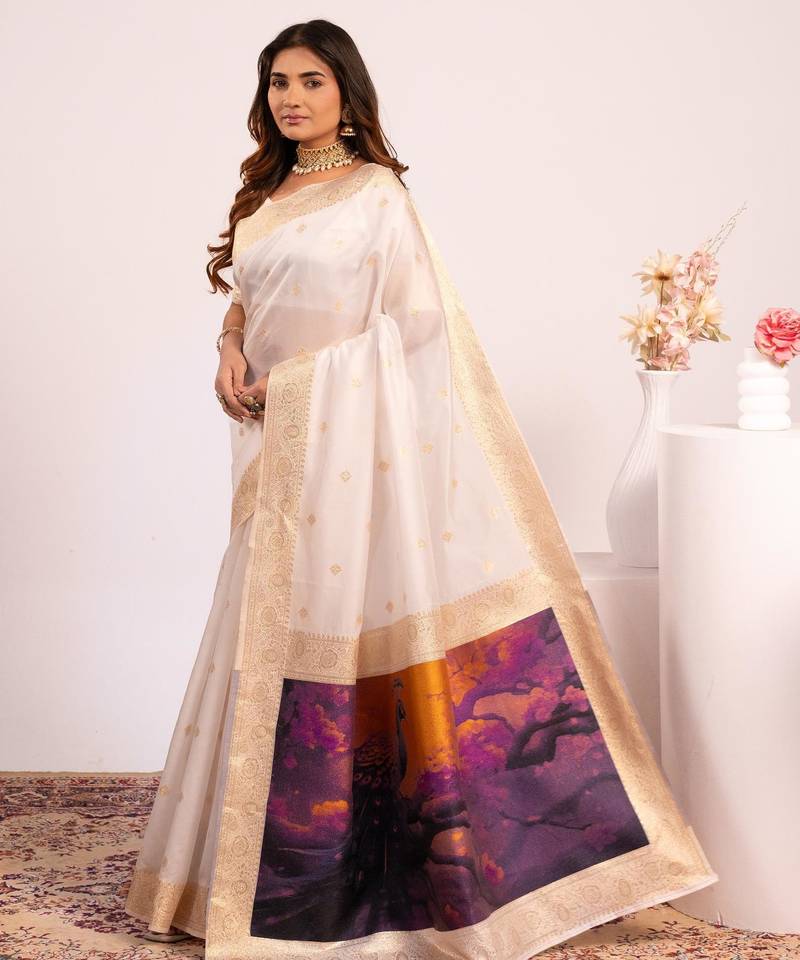 Women white Art silk handloom saree