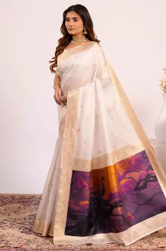 Women white Art silk handloom saree