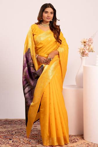 Women yellow Art silk handloom saree