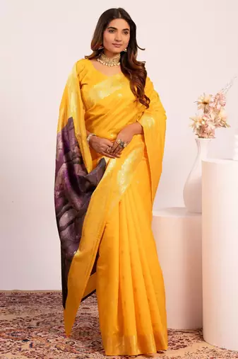 Women yellow Art silk handloom saree