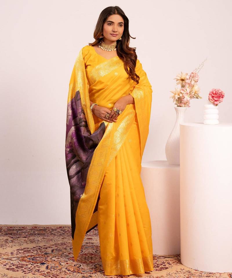 Women yellow Art silk handloom saree