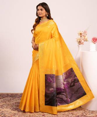 Women yellow Art silk handloom saree 2