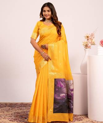 Women yellow Art silk handloom saree 3