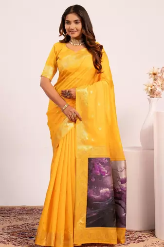 Women yellow Art silk handloom saree