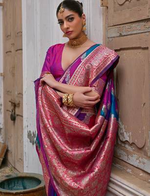 Women pink Art silk handloom saree 4