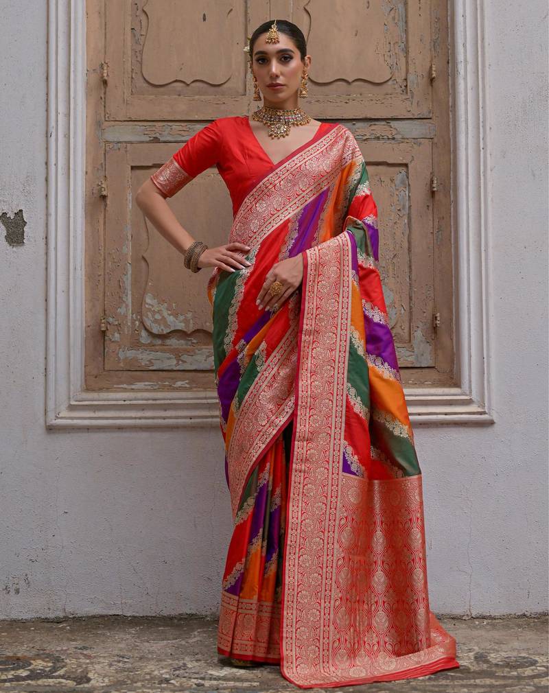 Women red Art silk handloom saree