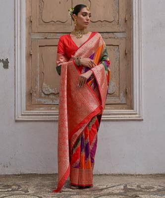 Women red Art silk handloom saree 4