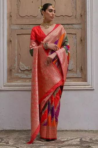 Women red Art silk handloom saree
