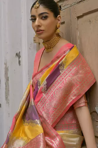 Women yellow Art silk handloom saree