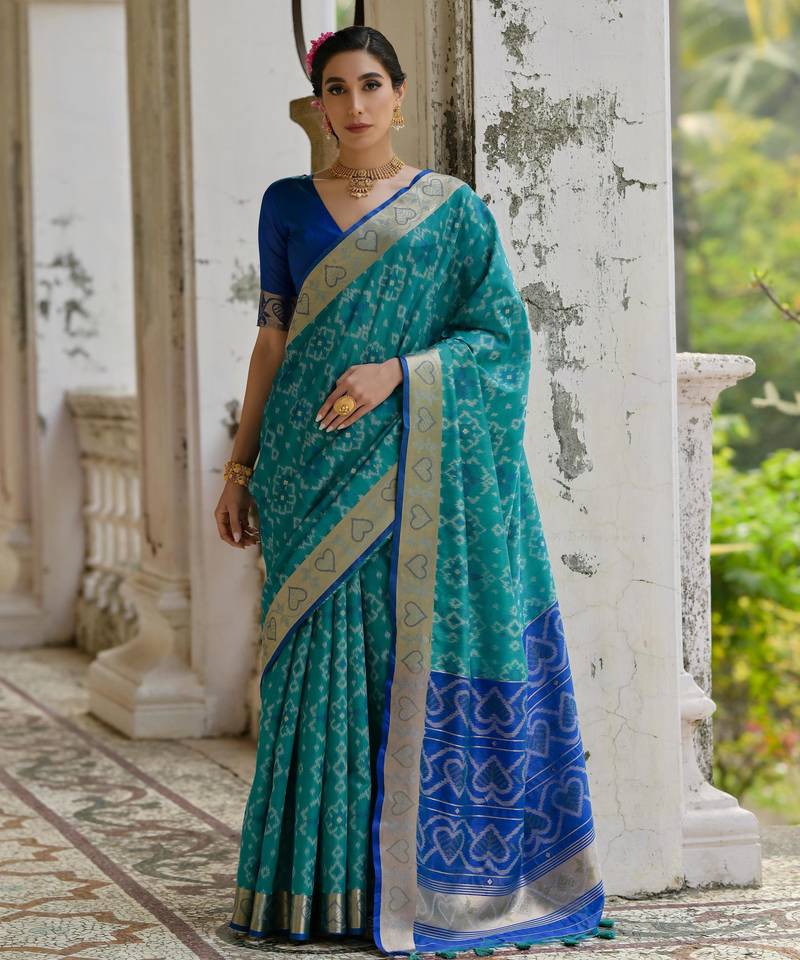 Women firozi Art silk handloom saree