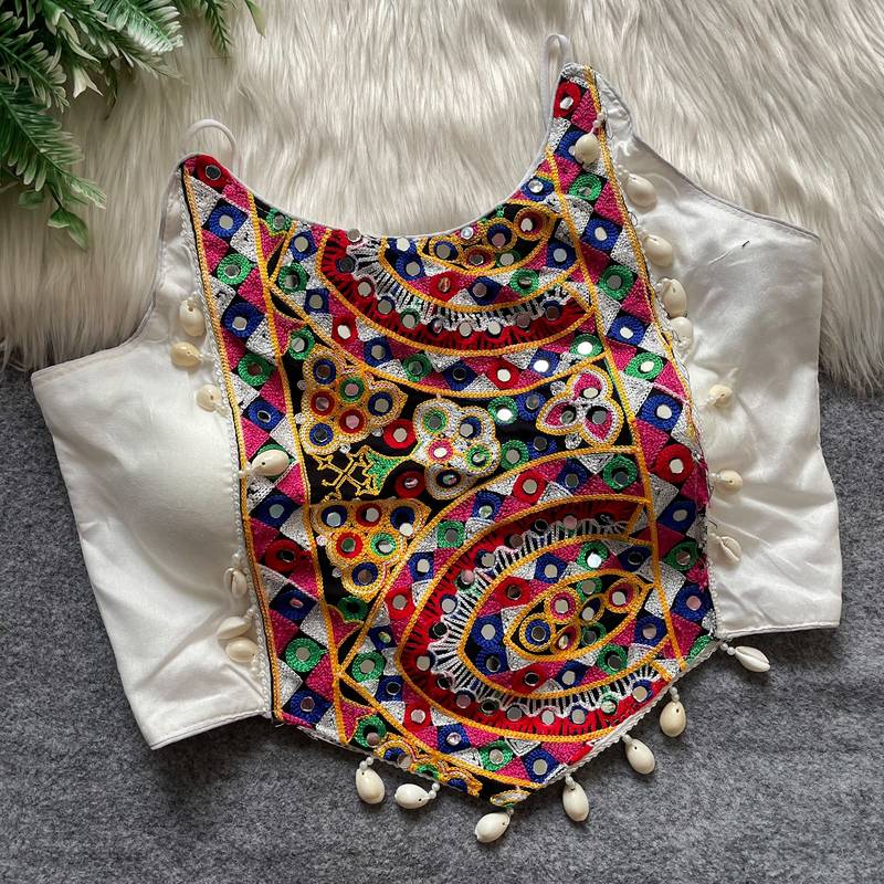 White navratri special corset style mirror work blouse