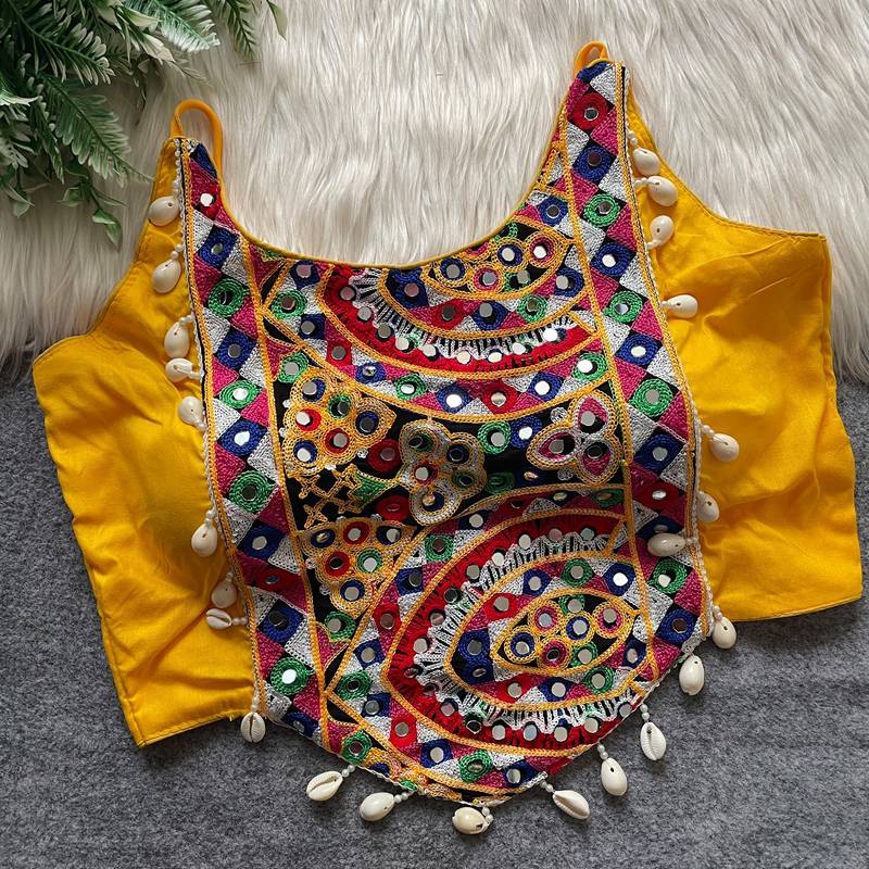 Mustard navratri special corset style mirror work blouse