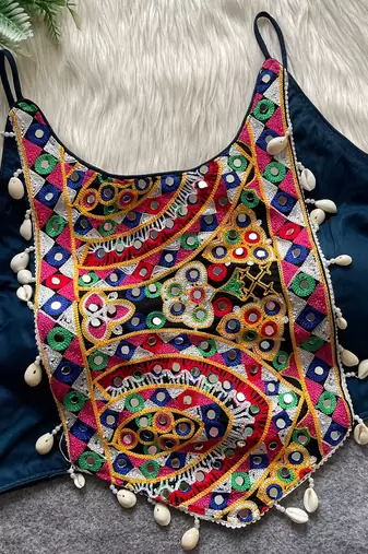 Teal navratri special corset style mirror work blouse