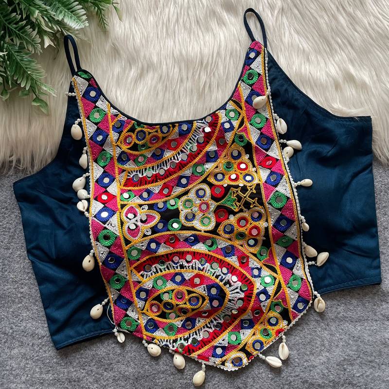Teal navratri special corset style mirror work blouse