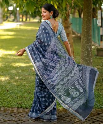 Women blue art silk handloom saree 3