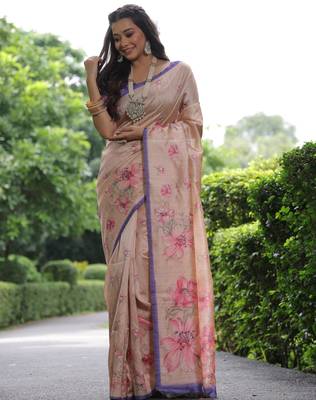 Women cream art silk handloom saree 1