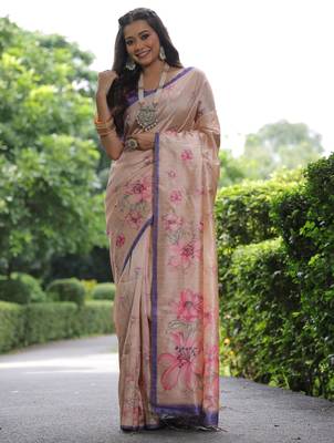 Women cream art silk handloom saree 2