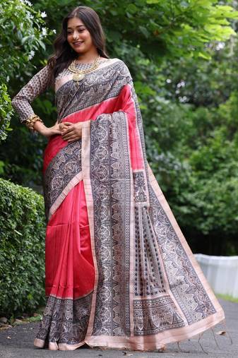 Women red art silk handloom saree