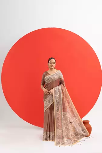 Women brown art silk handloom saree
