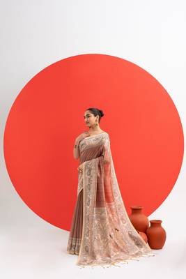 Women brown art silk handloom saree 4