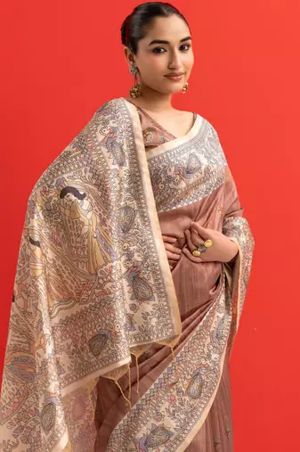 Women brown art silk handloom saree