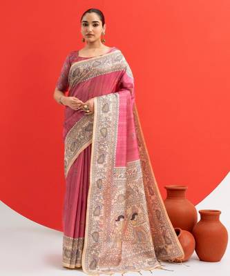 Women pink art silk handloom saree 1