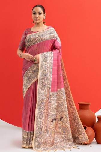 Women pink art silk handloom saree