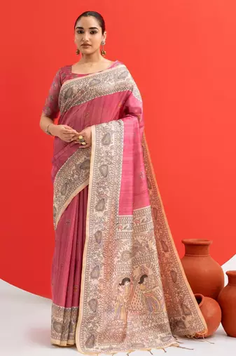 Women pink art silk handloom saree