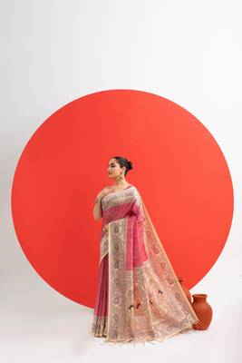Women pink art silk handloom saree 2