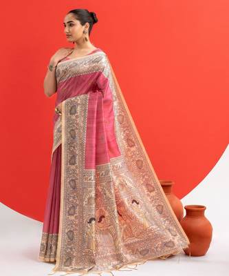 Women pink art silk handloom saree 3