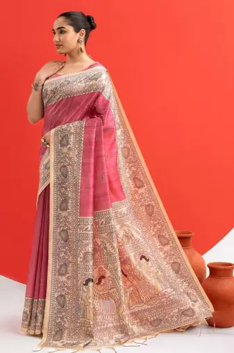 Women pink art silk handloom saree