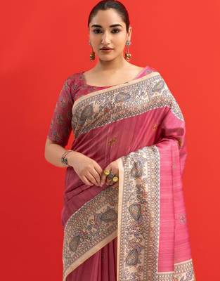 Women pink art silk handloom saree 4