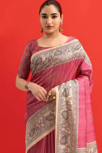 Women pink art silk handloom saree