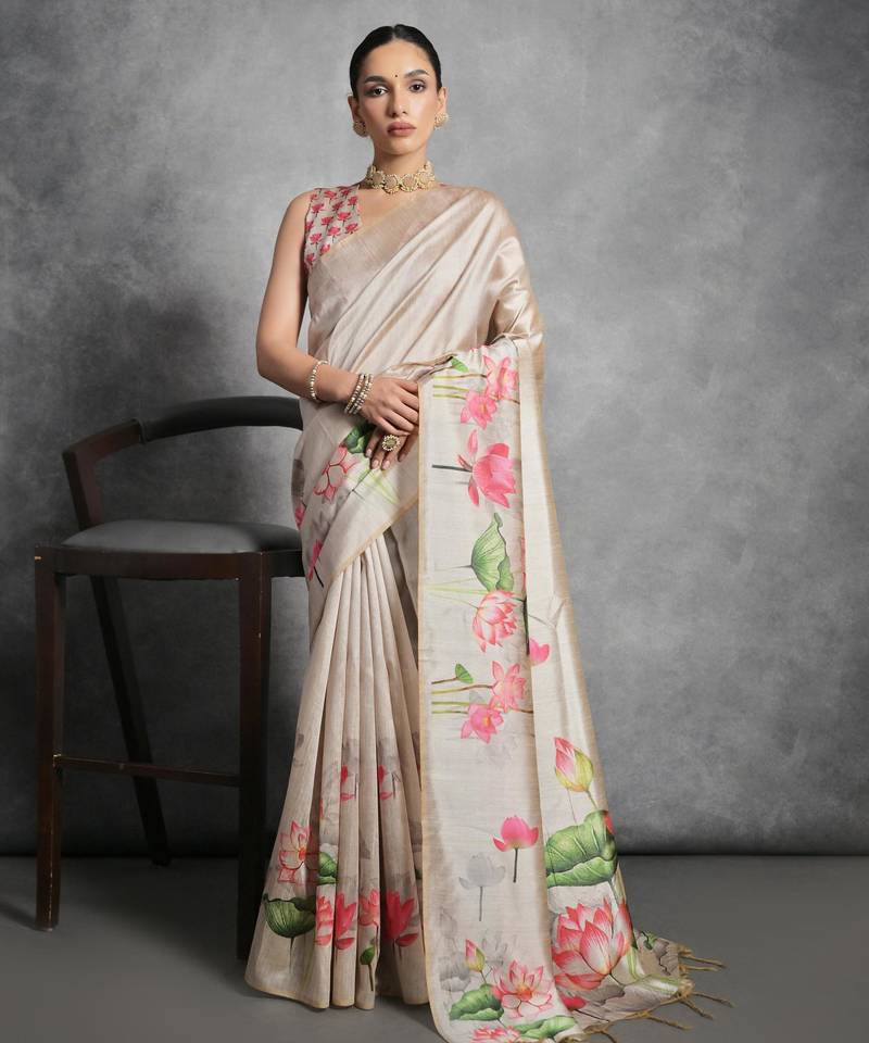 Women cream art silk handloom saree