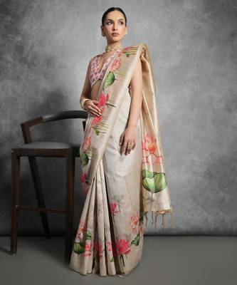 Women cream art silk handloom saree 3