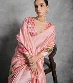 Women peach art silk handloom saree