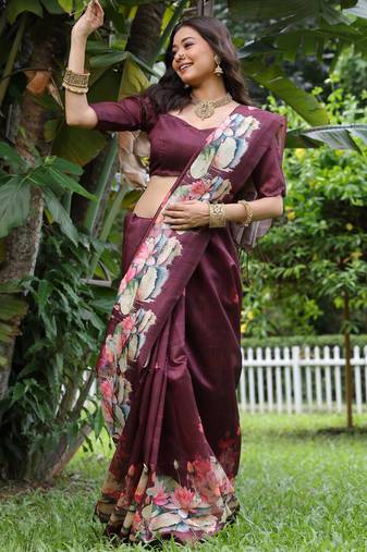 Women wine art silk handloom saree