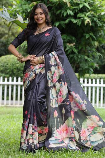 Women black art silk handloom saree