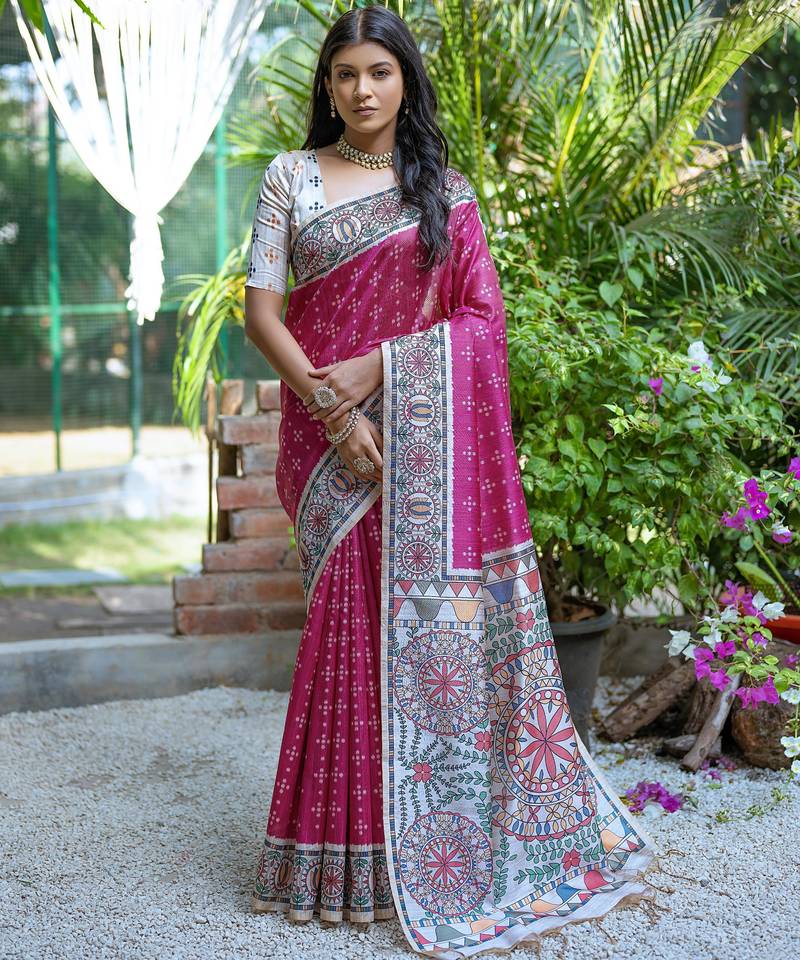 Women pink art silk handloom saree