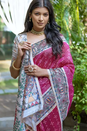 Women pink art silk handloom saree