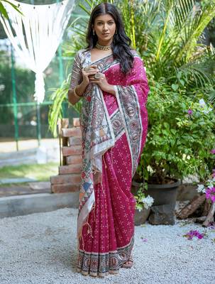 Women pink art silk handloom saree 3