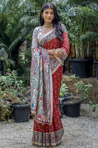 Women red art silk handloom saree