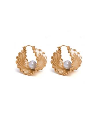 Gold plated pearls carved hoop earrings 1