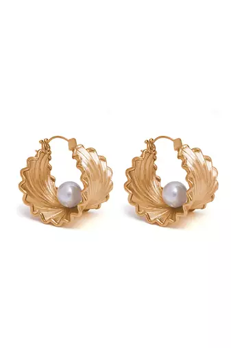 Gold plated pearls carved hoop earrings