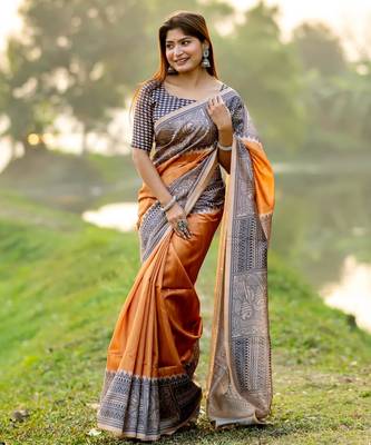 Women orange art silk handloom saree 1