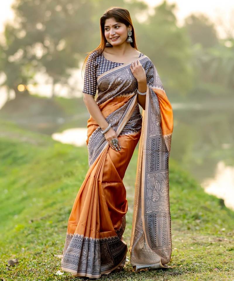 Women orange art silk handloom saree
